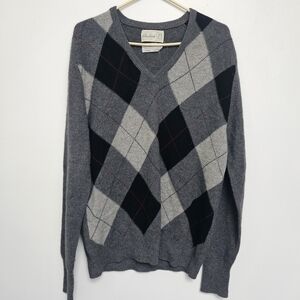Vintage 80s Peter Scott Gray Argyle 100% Cashemere Sz L V-Neck Pullover Sweater